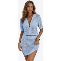 Imily Bela Hausanzug Damen Häkel 2-teiliger Set (Set, 2 tlg., Strickjacke + kurzer Rock) Reverskragen