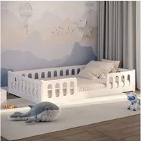 CADANI Kinderbett MONTE Bodenbett mit abnehmbaren Rausfallschutz - bis 200 kg belastbar (120x200 cm, Weiß, 2in1 Montessori Kinder- und Jugendbett), 2 Aufbauvarianten, barrierefrei umbaubar, Roll-Lattenrost, Made in EU