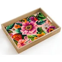 OnlyWow Tablett Rechteckig mit Henkel Blumen - Bunt - Rosa, Eichenholz, (1-tlg), Siervierplatte, Tray, Frühstücksbrett