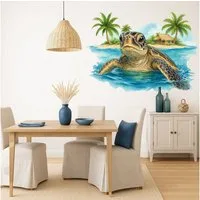 Sunnywall Wandtattoo Aufkleber Maritim Schildkröte mit Palmen & Strand, selbstklebend, konturgeschnitten, rückstandslos entfernbar