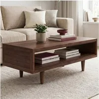 skølm Couchtisch Eivind aus massivem Eichenholz, lackiert (110x50x40 cm, Walnussoptik), Sofatisch Wohnzimmer mit Ablagefach