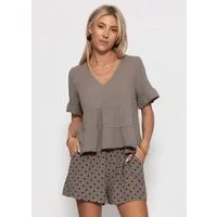 SASSYCLASSY Kurzarmshirt Musselin Shirt mit Volants für Damen Leichtes Baumwolltop mit tiefem V-Ausschnitt im oversized Fit