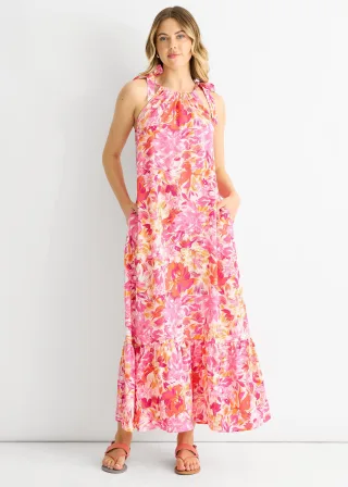 Rotes geblümtes Trapezkleid mit Bindebändern
