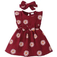 Lapastyle A-Linien-Kleid Ärmellos Baby-Sommerkleid, Strandkleid mit Blumendruck & Stirnband (Set, 2-tlg) Neugeborene Outfit Set, Lässiges Partykleid aus Baumwolle mit Rüschen