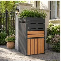 KLAM HOME Mülltonnenbox Außenschrank mit Pflanzkasten, verzinkter Stahl wetterfest (Gartenschrank 66x80x128cm mit Belüftung & Sicherungskette), 2-in-1 Gartenschrank abschließbar platzsparend & dekorativ