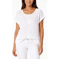 dy_mode Kurzarmbluse Kurzarm Bluse Elegantes Baumwollshirt Damen einfarbig Blusenshirt in Unifarben, Rundhalsausschnitt, mit Blumenstickerei