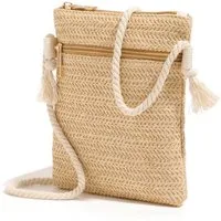 Bwecuy Umhängetasche Strohtasche Damen Boho Stroh Handytasche Vintage Strandtasche (mit Reißverschluss), Strand Stroh Handtasche Crossbody Tasche für Damenreisen und Urlaub