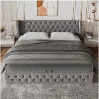 MODFU Polsterbett Doppelbett mit Bettkasten gepolstertem Kopfteil (Bettunterseite ist mit schmutzabweisenden schwarzen Vliesstoff, Grau, Bettunterseite ist mit schmutzabweisenden schwarzen Vliesstoff, Grau), 140x200cm Ohne-Matratze