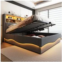 STILVORA Polsterbett 180x200 mit LED&USB,Jugendbett Doppelbett mit Lattenrost&Matratze (mit Hydraulischem Stauraum, APP-gesteuertes LED-Lichtband, USB-Ladeanschluss, Leinenbezug, Platzsparendes Bett mit Stauraum für Bücher und Bettzeug, 180x200 cm), 