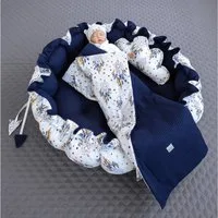 Loolay Bettnestchen Zweiseitig ENGELSNEST XXL Premium WAFFELPIQUE + Decke + Kissen, (Waffepique DUNKELBLAU/ Traumfänger ECRU Ausstattung SET, 3-tlg., Babynestchen Waffel Baumwolle BABYNEST Krabbeldecke Reisebett), Babynestchen Waffel Baumwolle BABYNE