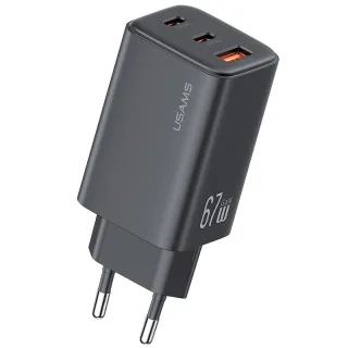 [GaN Tech] USAMS CC265 67W 3-Port USB Charger 2USB-C+USB-A Fast Charging Wall Charger Adapter EU Plug for iPhone 16 16 P