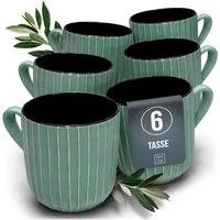 PURE LIVING INTERIOR DESIGN Geschirr-Set Pure Living Becher 6er 460ml »Ribbed«, Steingut, Grün, 6 Personen, Steingut, Mediterrane Handwerksoptik, Reaktive Glasur – jedes Stück einzigartig…