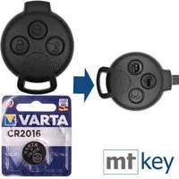 mt-key Reparatur Satz Auto Schlüssel Ersatz Gehäuse 3 Tasten + VARTA CR2016 Knopfzelle, CR2016 (3 V), für Smart Fortwo 2007-2015 Funk Fernbedienung