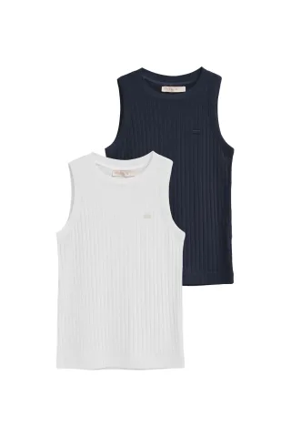 Zweierpack ärmellose Damen-T-Shirts marineblau und weiß aus Rippstoff mit Polo Club Logo