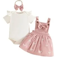 Gluckids 2-in-1-Kleid Sommeroutfit für Babymädchen, Bodysuit, Cord-Latzkleid, Stirnband (Set, 3-tlg) Ein süßes Outfit, für Partys, Hochzeiten, Fotoshootings, als Geschenk