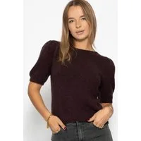 SASSYCLASSY Stricktop Strickoberteil mit Puffärmeln für Damen Weiches Top mit Wollanteil und Rückenausschnitt Aubergine-Braun