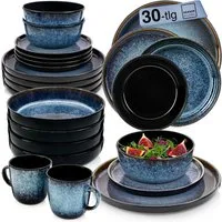 SÄNGER Geschirr-Set Osaka Blau mit schwarzem Rand (30-tlg), 6 Personen, Steingut, Kombiservice, Handmade, Erweiterbar, VALUE COLLECTION