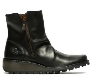 Fly London Damen MON944 Chelsea-Stiefel aus Leder mit Keilabsatz und Reißverschluss, Schwarz