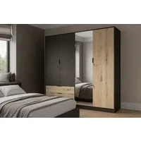 OTTO home Kleiderschrank PEERY mit Spiegel, 2 Schubladen, 4 Fächer und 2 Kleiderstangen Garderobe mit 4 Türen und schwarzen Griffen, Maße B/T/H: 220/54/203cm