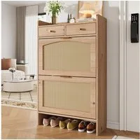 Flieks Schuhschrank Schuhkipper Schuhkommode mit Arbeitsplatte, 2 Rattan-Klappen Holzoptik (65×25×106 cm, 1-St) Schuhregal Flurschrank mit verstellbaren Einlegeböden Landhausstil