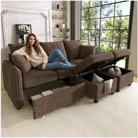 Merax Ecksofa U-förmiges Schlafsofa mit Staufunktion, Tagesbett Sofa Wohnzimmersofa aus Chenille-Bezug 1 Teile, 3-Sitzer-Ecksofa mit 2 Schubladen & 2 Hocker mit Stauraum, Polstersofa