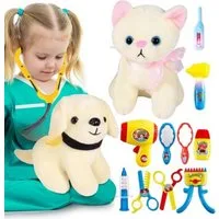 LINFUN KIDS Spielzeug-Arztkoffer Tierarzt-Spielset Plüschtieren Lerne & spiele mit Hunden und Katzen, (Tierarzt Spielset - Kreatives Rollenspiel für Kinder mit Plüschhaustieren., 13-tlg., Tierarzt Spielset mit plüschtieren für Rollenspiel und Lernspa