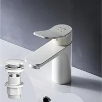 AM.PM Waschtischarmatur Badarmatur X-JOY Bad-Armatur mit Klick-Ablaufgarnitur Wasserhahn (Waschbeckenarmatur Mischarmatur, Mischbatterie inkl. 2 x G 3/8-Anschluss, Farbe: Weiß) Einhebelmischer für warmes und kaltes Wasser