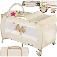 tectake Baby-Reisebett Kinderbett mit Wickelauflage und Transporttasche 132x75x104cm, mit großen Mesh-Einsätzen, Wickelauflage und Seiteneingang in beige