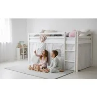 Homestyle4u Hochbett 90x200 cm Weiß mit Vorhang Sterne Grau für 1 Kind Holz Massiv Kiefer mit Rausfallschutz, ohne Lattenrost, Jungen Mädchen