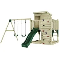 OutdoorToys Spielturm Björn, aus Holz in Dunkelgrün mit Kinderschaukel & Rutsche, Kletterwand