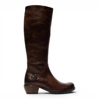 Fly London Damen braune Leder-Langstiefel mit hohen Absätzen – MISTRY