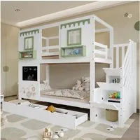 Merax Etagenbett 90x200cm mit Fenster Design (Jugendbett Hausbett Stockbett Doppelbett, 1-St), Kiefernholz Kinderbett mit 2 Schubladen, Stauraumtreppe, Tafel & Regal