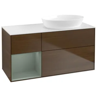 Villeroy und Boch Finion Waschtischunterschrank GA41GMGN 120cm, Abdeckplatte white matt, Emotion, Regale Olive matt lacquer, Walnut veneer