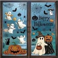 Sorvyzxn Fenstersticker Halloween Fenstersticker, 9 Bögen mit Geistern, Kürbis & Fledermaus, Beidseitig & Rückstandsfrei Entfernbare Fensterdeko, Wiederverwendbar