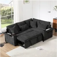 Merax Ecksofa L-förmiges ausziehbares Sofa mit USB-Anschluss, Schlafsofa 1 Teile, mit Stauraum, Getränkehalter, Armlehnenablage & 4 Kissen,Chenille-Samt