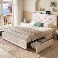 zebery Stauraumbett Doppelbett Polsterbett Mit USB+Typ-C und LED-Leuchten (Packung, 1-tlg., Jugendbett), 140x190 cm,4 Schubladen,Mit Kopfteil und Bettgestell,Samtstoff,Beige