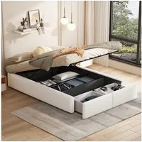 STILVORA Polsterbett 140×200 mit Bettkasten,Jugendbett Bettgestell mit Schubladen (Polsterbett ohne Kopfteil mit hydraulischer Lagerung und 2 Schubladen, stabiler MDF-Rahmen., 140x200 cm), ohne Matratze