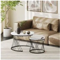 HOMCOM Couchtisch rund Beistelltisch mit Marmoroptik, mit Metallrahmen (Wohnzimmertisch, 2-St., Satztisch), Kaffeetisch für Wohnzimmer Schlafzimmer Weiß