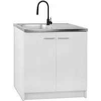 STAMAR Spülenschrank Küchenunterschrank 80 cm Weiß Spüle Armatur Schwarz flexibel 2in1 Unterschrank stehend Edelstahl Spülbecken Wasserhahn Brause Set