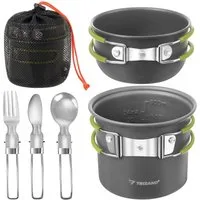 Trizand Geschirr-Set Camping Kochset 1,2L Aluminium faltbar Outdoor Trekking Geschirr (6-tlg), 2 Personen, Edelstahl, faltbare Griffe leichtes Aluminium kompakt mit Klappbesteck