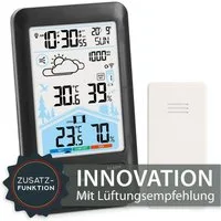 ADE Wetterstation mit Außensensor, Lüftungsempfehlung & Wettervorhersage Funkwetterstation (mit Außensensor, animierte Wettervorhersage, Wecker mit 2 Weckzeiten, Kalender)