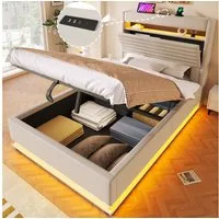 Merax Polsterbett mit LED-Beleuchtung und USB/Typ-C Ladefunktion (Leinenstoff, 1-tlg., Mehrzweckbett), Jugendbett 140x200cm mit hydraulischem Stauraum & Flip-Top-Staufach