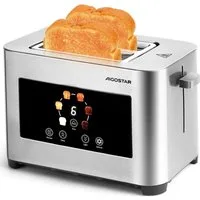 Aigostar Toaster 2/4 Scheiben, 6 Bräunungsstufen, LED-Touchscreen, Toaster Langschlitz, 2 lange Schlitze, 1400 W, Brotzentrierung, Auftau-, Aufwärm- & Stoppfunktion, Edelstahl Matt