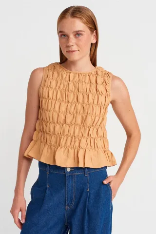 Damen Crop-Bluse mit Rundhalsausschnitt und Knöpfen