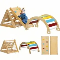 AIYAPLAY Klettergerüst Kletterbogen, Rutsche, Rampe, Kletternetz, Kletterstein, (7 in 1 Kletterdreieck, 1-St., Indoor Spielplatz aus Holz), für Kinder von 1,5-4 Jahre, Mehrfarbig