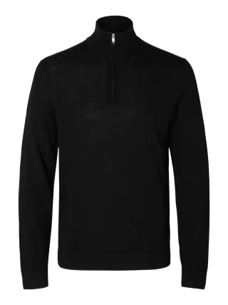 selected men - SLMTRAY LS KNIT REG MERINO HALF ZIP NOOS Black - Gr. - M