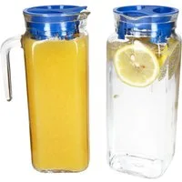 MamboCat Karaffe 2x KARO Kühlschrankkrug mit Deckel blau 1L Henkel Glas-Karaffe Kanne