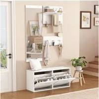 Merax Garderoben-Set 4-teilig Garderobenschrank Flurmöbel Flurschrank in Weiß, (4-St), Schuhschrank mit Sitzfunktion, 2 Wandgarderoben mit 6 Haken & Spiegel