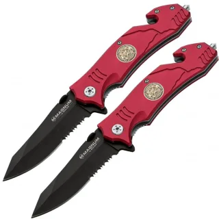 2x Feuerwehr Rettungsmesser | Böker | Magnum-Serie | rot | Fire Chief Emblem | Klinge aus 440er Stahl | Glasbrecher | Gurtschneider