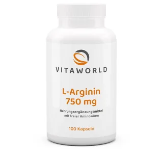 Vitaworld L-Arginin 750 mg | 100 Kapseln | hochreines Arginin als Base | aus Zuckerrohr fermentiert | natürlich | vegan